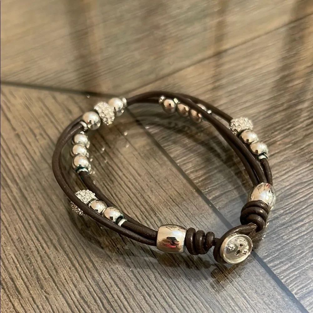 Fossil Arm Candy Silver-tone Beaded & Brown Leather Bracelet - Picture 9 of 11